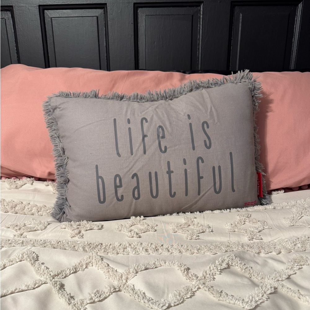 Peace Love World Gray 'Life is Beautiful' Decorative Pillow